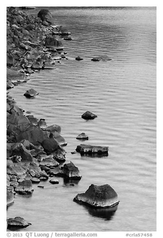 Rocks and evening reflections, Cleetwood Cove. Crater Lake National Park (black and white)