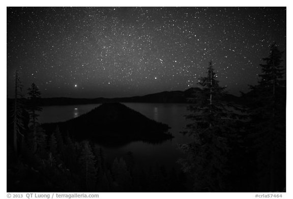 Trees, Wizard Island and lake at night. Crater Lake National Park (black and white)