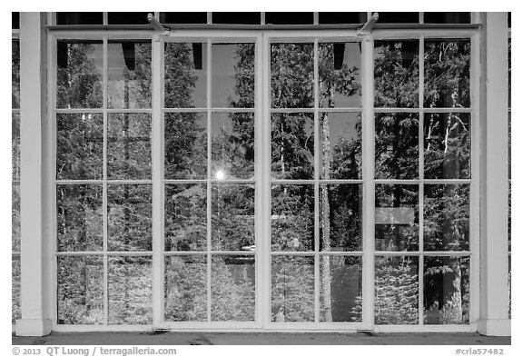 Forest, Steel Visitor Center window reflexion. Crater Lake National Park (black and white)