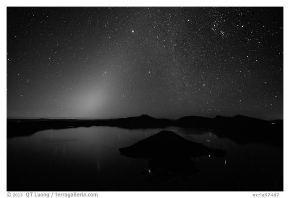 Glow from dawn and starry sky. Crater Lake National Park (black and white)