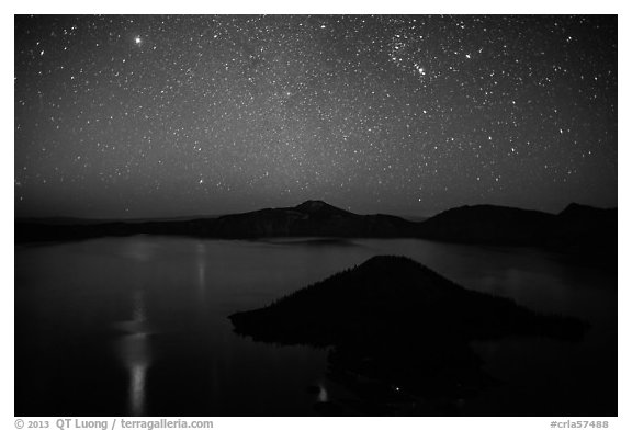 Stars and reflections over lake. Crater Lake National Park (black and white)