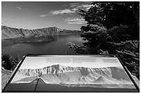 Interpretive sign, Wizard Island and Llao peak. Crater Lake National Park ( black and white)