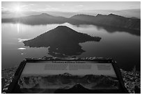 Interpretive sign, Wizard Island and Mount Scott. Crater Lake National Park ( black and white)