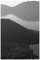 Wizard Island and crater rim profiles, early morning. Crater Lake National Park, Oregon, USA. (black and white)