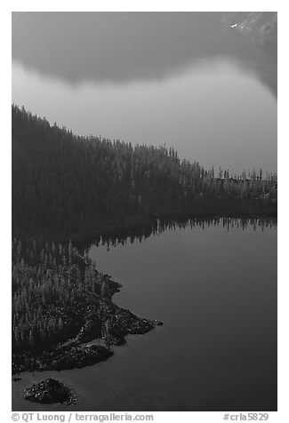Wizard Island and crater rim reflection, early morning. Crater Lake National Park (black and white)
