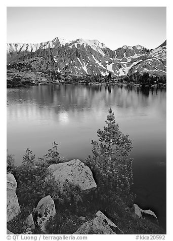 Boulders, tree, and Woods Lake at sunset. Kings Canyon  National Park (black and white)