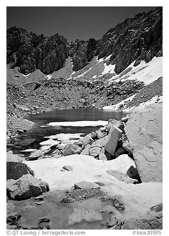 Alpine lake in early summer. Kings Canyon  National Park (black and white)