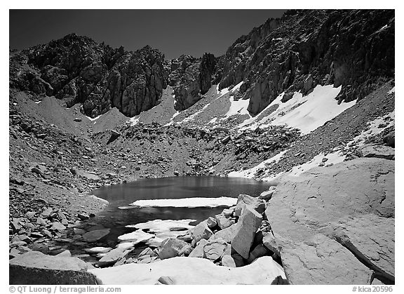 Alpine lake in early summer. Kings Canyon  National Park (black and white)