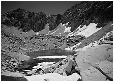 Alpine lake in early summer. Kings Canyon  National Park ( black and white)