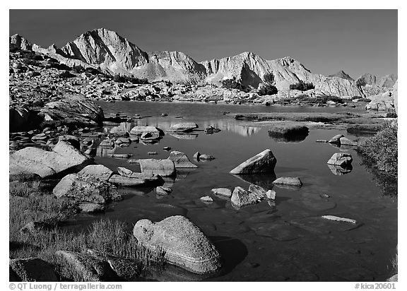 Mt Giraud reflected in a lake in Dusy Basin, morning. Kings Canyon  National Park (black and white)