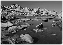 Mt Giraud reflected in a lake in Dusy Basin, morning. Kings Canyon National Park ( black and white)