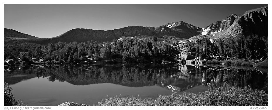 Clear lake with mountain range reflected. Kings Canyon National Park (black and white)