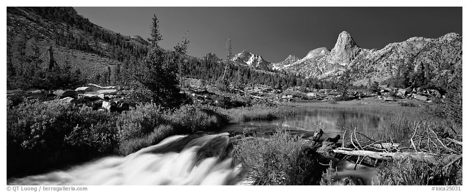 Clear cascading stream and peak. Kings Canyon  National Park (black and white)