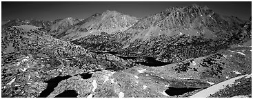 Mineral mountain landscape dotted with lakes. Kings Canyon  National Park (Panoramic black and white)