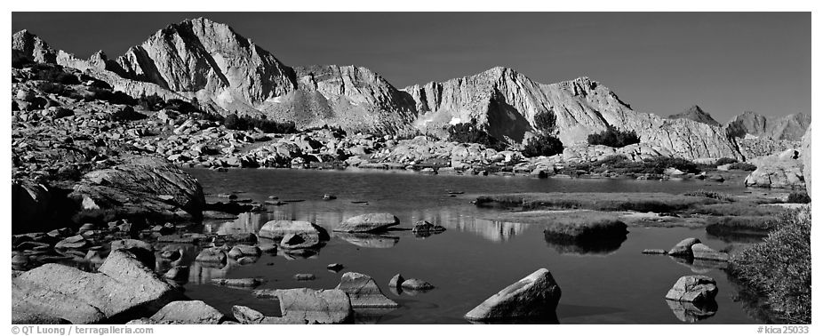 High Sierra peaks reflected in blue alpine lake. Kings Canyon  National Park (black and white)