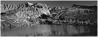 Sierra Mountains and lake in early summer. Kings Canyon  National Park (Panoramic black and white)