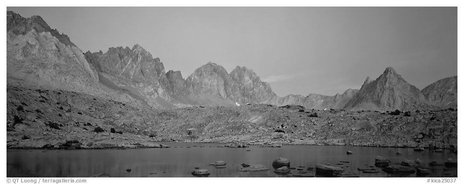 Pink light on High Sierra and lake at twilight. Kings Canyon  National Park (black and white)