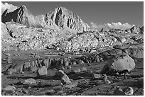 Glacial erratic boulders and mountains, Dusy Basin. Kings Canyon National Park, California, USA. (black and white)