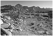 Alpine meadow, lake, and mountains, Dusy Basin. Kings Canyon National Park, California, USA. (black and white)