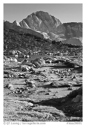 Alpine meadow, lake, and Mt Giraud, Dusy Basin. Kings Canyon National Park, California, USA.