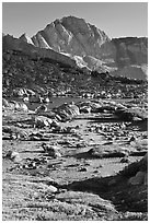 Alpine meadow, lake, and Mt Giraud, Dusy Basin. Kings Canyon National Park, California, USA. (black and white)