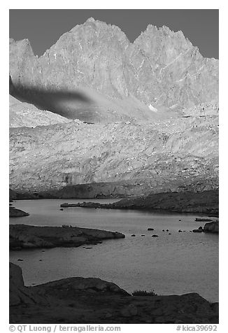 North Palissade rising above lake, Dusy Basin. Kings Canyon National Park (black and white)