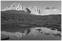 Agassiz, Winchell, Thunderbolt, Starlight, North Palissade reflected at sunset, Dusy Basin. Kings Canyon National Park, California, USA. (black and white)