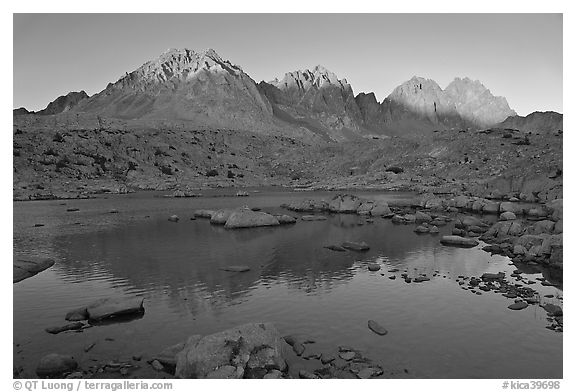 Palissades reflected in lake at sunset, Dusy Basin. Kings Canyon National Park, California, USA.