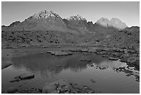 Palissades reflected in lake at sunset, Dusy Basin. Kings Canyon National Park, California, USA. (black and white)