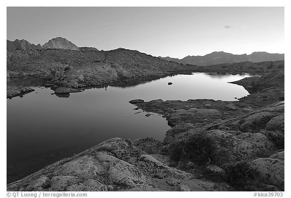 Lake and mountains at dusk, Dusy Basin. Kings Canyon National Park, California, USA.