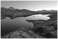 Lake and mountains at dusk, Dusy Basin. Kings Canyon National Park, California, USA. (black and white)