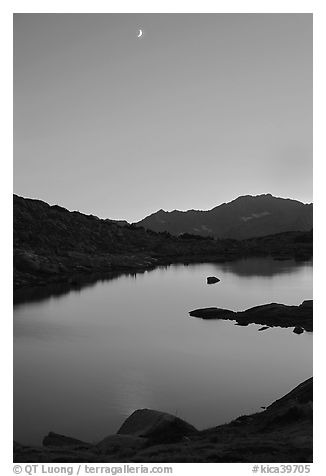 Lake and mountains with moon, Dusy Basin. Kings Canyon National Park, California, USA.