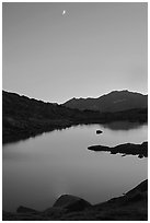 Lake and mountains with moon, Dusy Basin. Kings Canyon National Park, California, USA. (black and white)