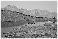 Lake and mountains at dawn, Dusy Basin. Kings Canyon National Park, California, USA. (black and white)