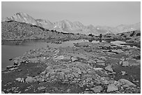 Alpine landscape, lakes and mountains at dawn, Dusy Basin. Kings Canyon National Park, California, USA. (black and white)