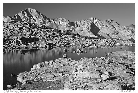 Lake and Mt Giraud range, morning, Dusy Basin. Kings Canyon National Park (black and white)