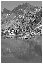 Mt Giraud and lake, Lower Dusy Basin. Kings Canyon National Park, California, USA. (black and white)