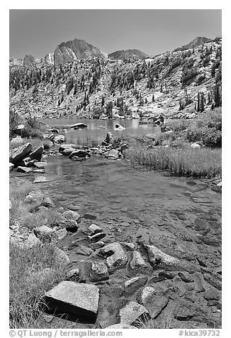 Stream, lake, and Mt Giraud, Lower Dusy Basin. Kings Canyon National Park, California, USA.