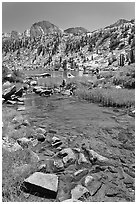 Stream, lake, and Mt Giraud, Lower Dusy Basin. Kings Canyon National Park, California, USA. (black and white)