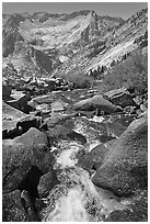 Stream plunges towards Le Conte Canyon. Kings Canyon National Park, California, USA. (black and white)
