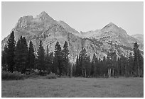 Langille Peak from Big Pete Meadow at dawn, Le Conte Canyon. Kings Canyon National Park, California, USA. (black and white)