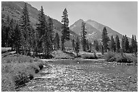 Glistening waters in middle Fork of the Kings River, Le Conte Canyon. Kings Canyon National Park, California, USA. (black and white)