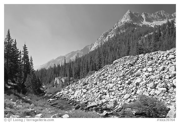 Scree slope, river, and The Citadel, Le Conte Canyon. Kings Canyon National Park, California, USA.