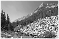 Scree slope, river, and The Citadel, Le Conte Canyon. Kings Canyon National Park, California, USA. (black and white)