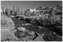 Stream and Mt Giraud chain, Lower Dusy basin. Kings Canyon National Park, California, USA. (black and white)