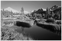 Grasses, creek, and Columbine Peak. Kings Canyon National Park, California, USA. (black and white)