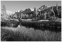 Mountains reflected in calm creek, late afternoon, Lower Dusy basin. Kings Canyon National Park, California, USA. (black and white)