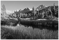 Mountains reflected in calm creek, late afternoon, Lower Dusy basin. Kings Canyon National Park, California, USA. (black and white)