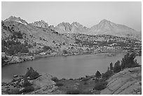 Columbine Peak and Palissades above lake at dusk, Lower Dusy basin. Kings Canyon National Park ( black and white)