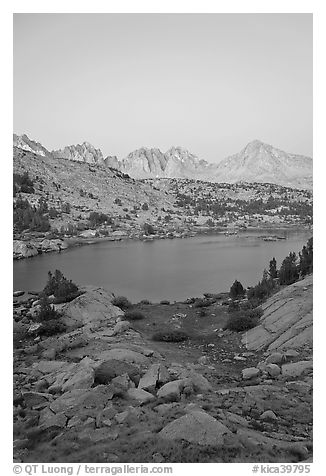 Palissades and Columbine Peak above lake at dusk, Lower Dusy basin. Kings Canyon National Park (black and white)